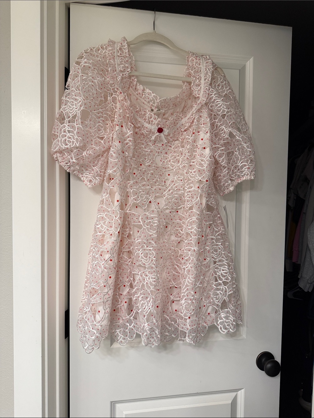 NWT For Love And Lemons Pink Lace Mini Dress with Red Dot Details